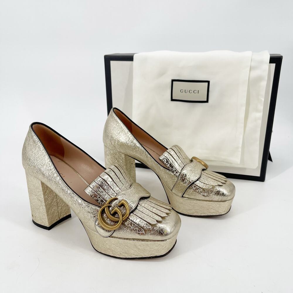 Gucci Gold Metallic Crackled Leather GG Marmont Fringe Platform Heels EU 36 - Picture 2 of 16